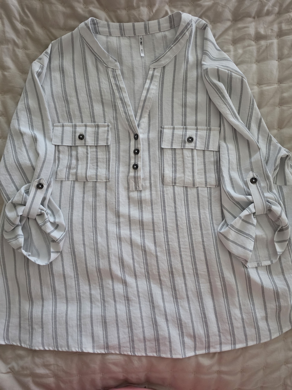 Striped White and Grey Womens Henley Shirt